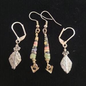 Pair Of Colorful Paper Beaded Drop Earrings  & Silver-tone Textured Earrings